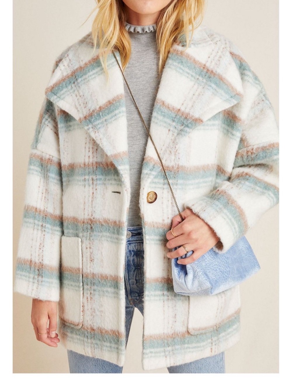 Anthropologie Plaid Pea Coat in Cream, Light Blue & Tan